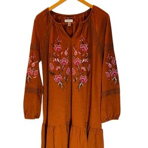 Cupio Bohemian Tunic Mini Dress Rust with Pink Floral Embroidery Size M